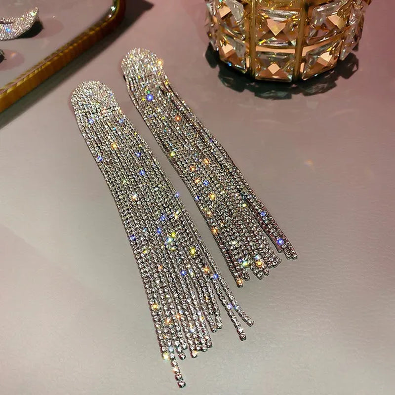 Long Tassel Full Rhinestone Drop Earrings for Women Ovsize Crystal Dangle Earrings Fashion Jewelry Accessories