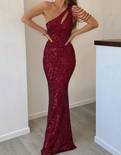 Load image into Gallery viewer, Elegant One Shoulder Burgundy Sequin Dress Women Beading Long Dress 2022 Party Maxi Dress 18519
