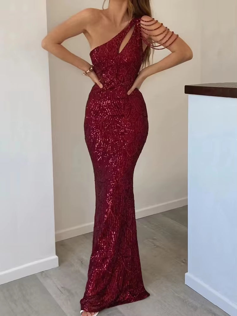 Elegant One Shoulder Burgundy Sequin Dress Women Beading Long Dress 2022 Party Maxi Dress 18519