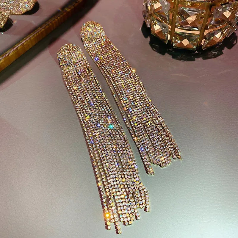 Long Tassel Full Rhinestone Drop Earrings for Women Ovsize Crystal Dangle Earrings Fashion Jewelry Accessories