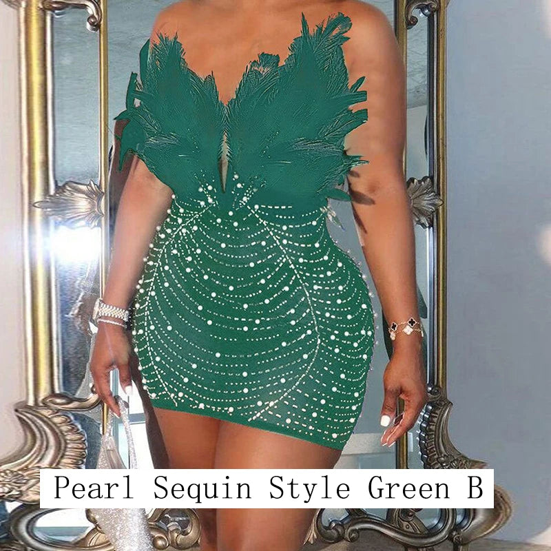 Feathered Sequin Tube Dress – Backless Bodycon Mini for Luxe Parties & Rave Nights