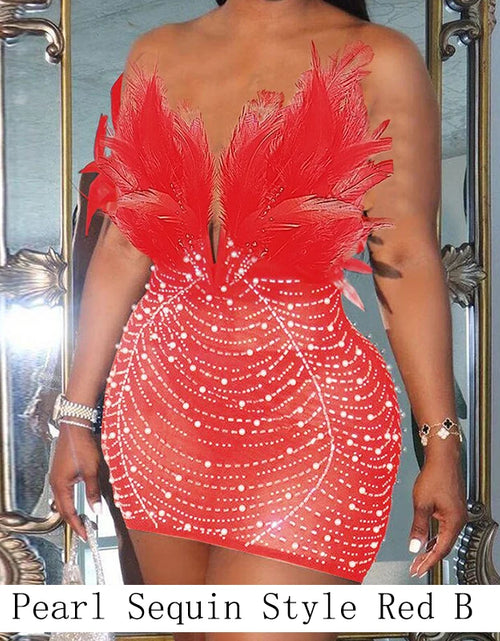 Load image into Gallery viewer, Feathered Sequin Tube Dress – Backless Bodycon Mini for Luxe Parties &amp; Rave Nights
