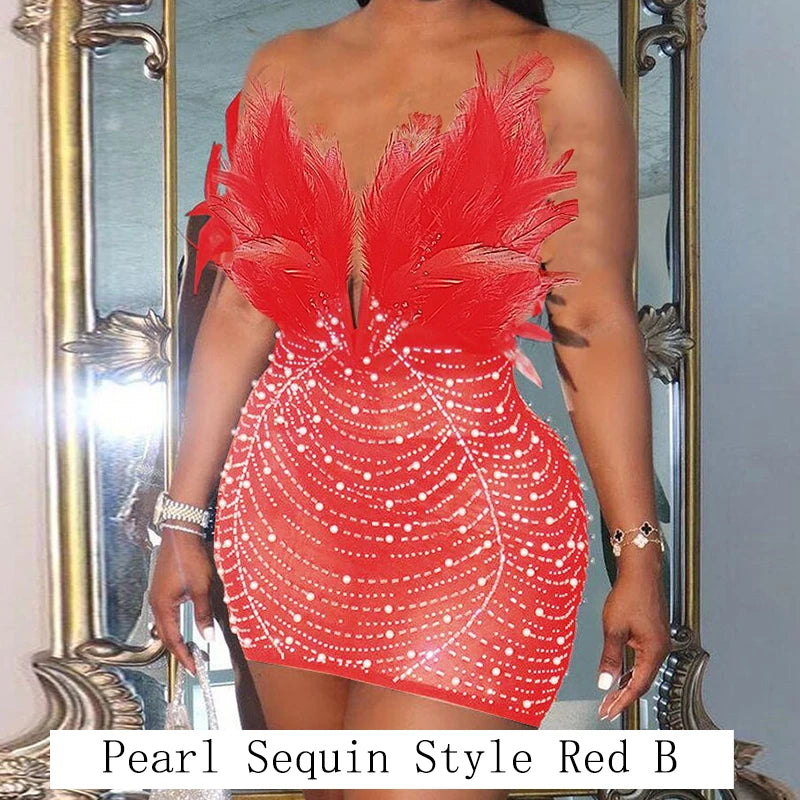 Feathered Sequin Tube Dress – Backless Bodycon Mini for Luxe Parties & Rave Nights