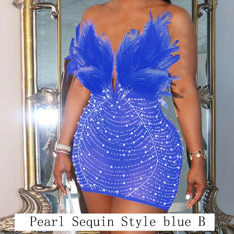 Feathered Sequin Tube Dress – Backless Bodycon Mini for Luxe Parties & Rave Nights