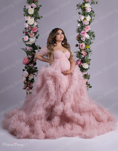 Load image into Gallery viewer, Ruffled Off-Shoulder Maternity Photoshoot &amp; Baby Shower Dress
