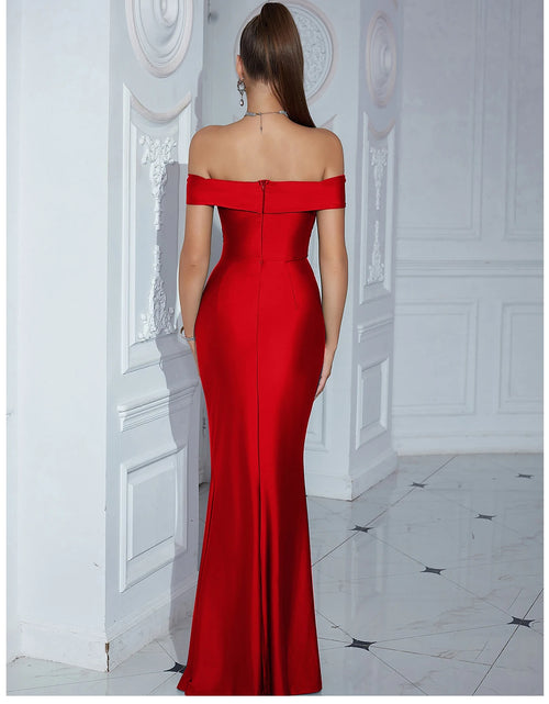 Load image into Gallery viewer, Elegant Off-Shoulder Strapless Maxi Dress with High Split – Perfect for Parties &amp; Evening Events
