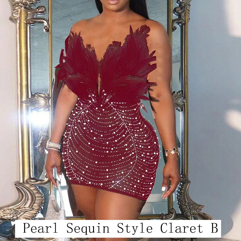 Feathered Sequin Tube Dress – Backless Bodycon Mini for Luxe Parties & Rave Nights