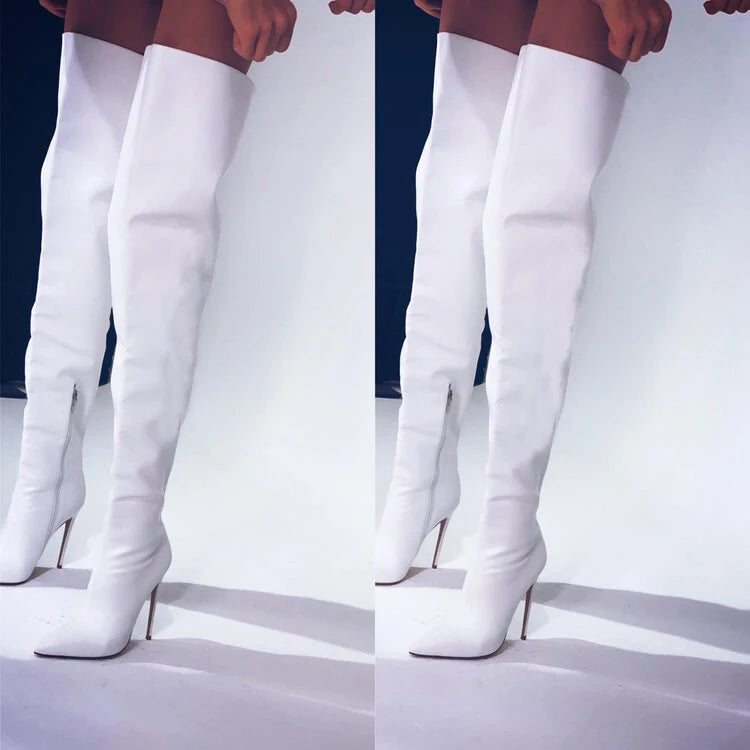 Classy girl with boots: Sexy White Over-the-Knee Boots with Thin High Heels