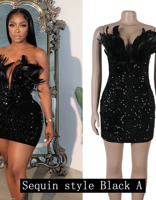 Load image into Gallery viewer, Feathered Sequin Tube Dress – Backless Bodycon Mini for Luxe Parties &amp; Rave Nights
