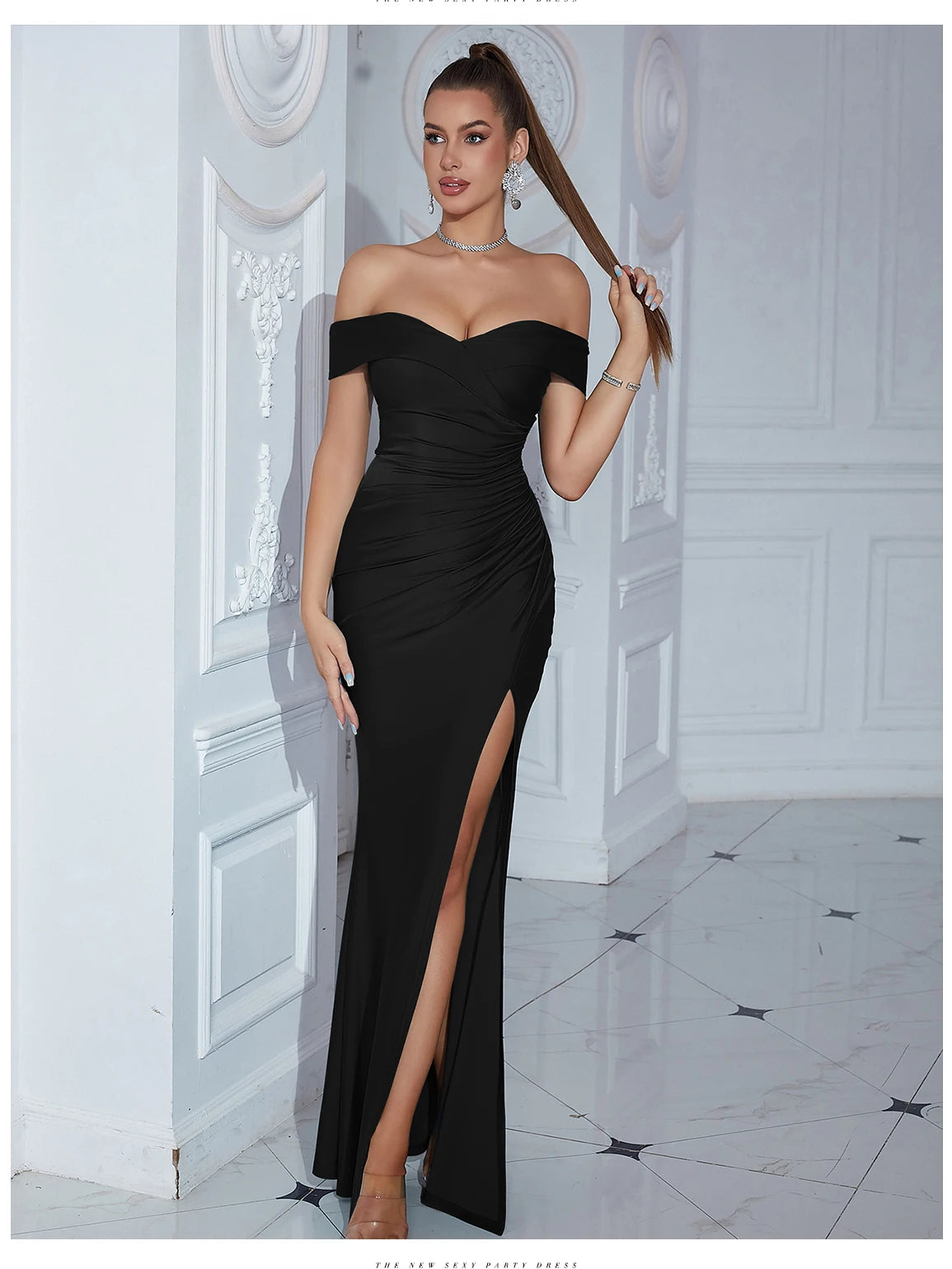 Elegant Off-Shoulder Strapless Maxi Dress with High Split – Perfect for Parties & Evening Events