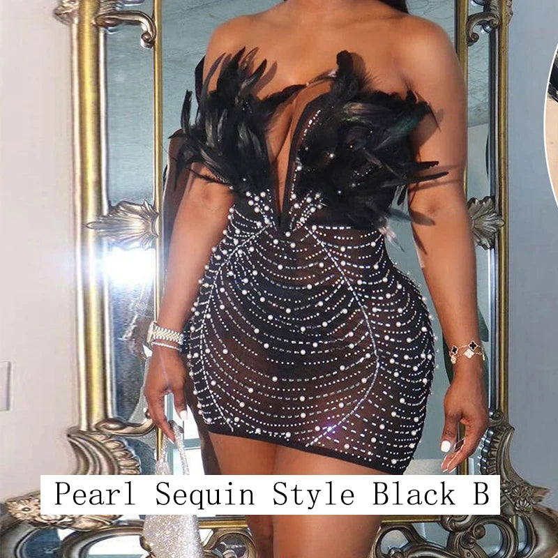 Feathered Sequin Tube Dress – Backless Bodycon Mini for Luxe Parties & Rave Nights