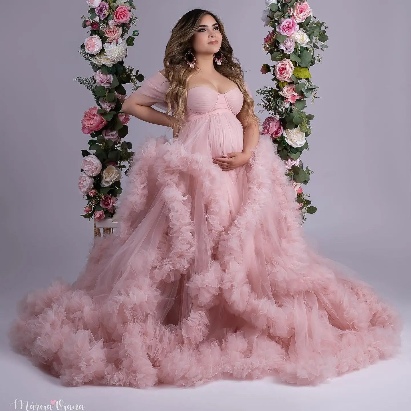 Ruffled Off-Shoulder Maternity Photoshoot & Baby Shower Dress