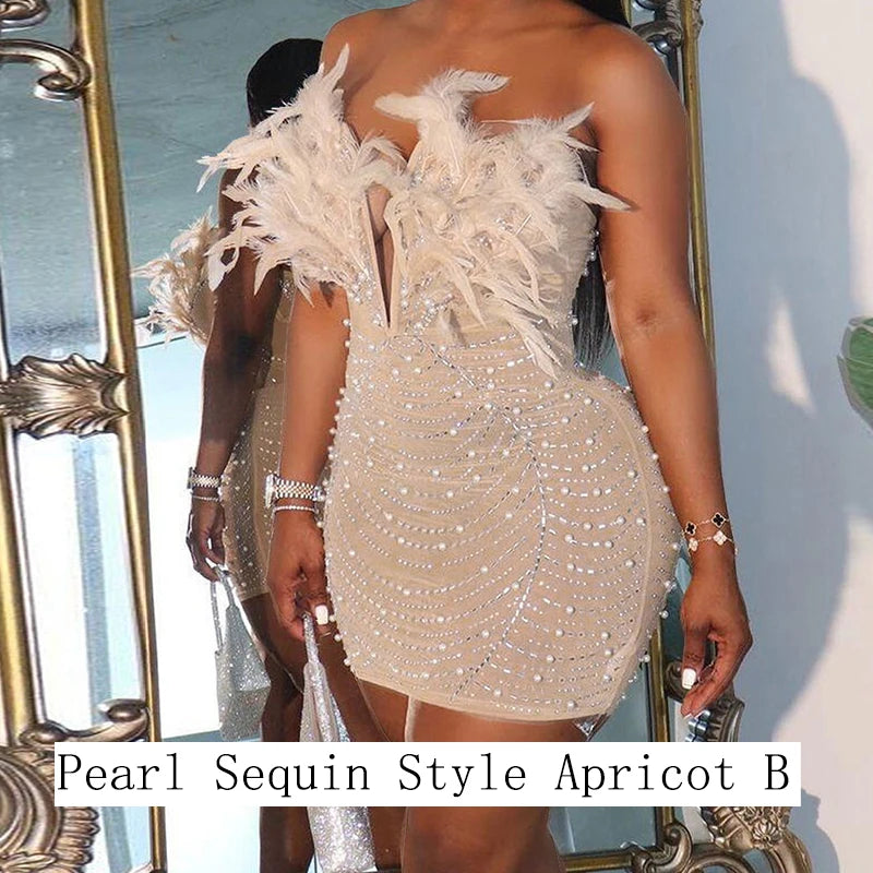 Feathered Sequin Tube Dress – Backless Bodycon Mini for Luxe Parties & Rave Nights