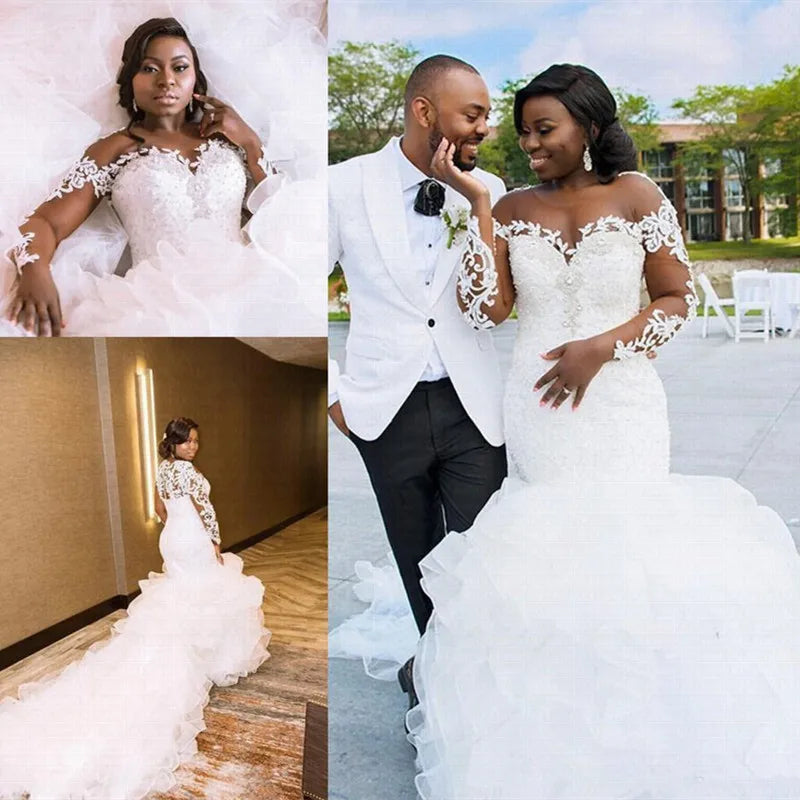 Elegant African Mermaid Wedding Dress – Cheerful Ruffles & Long Train Plus-Size Bridal Gown