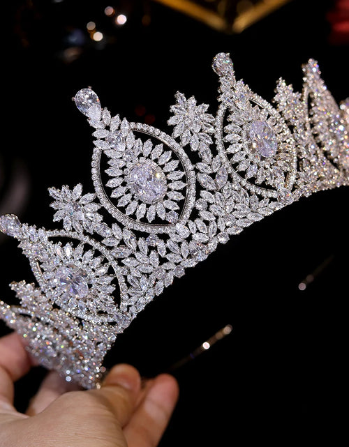 Load image into Gallery viewer, Regal Elegance Luxury Bridal Crown – Cubic Zirconia Crystal Queen Tiara for Weddings &amp; Prom
