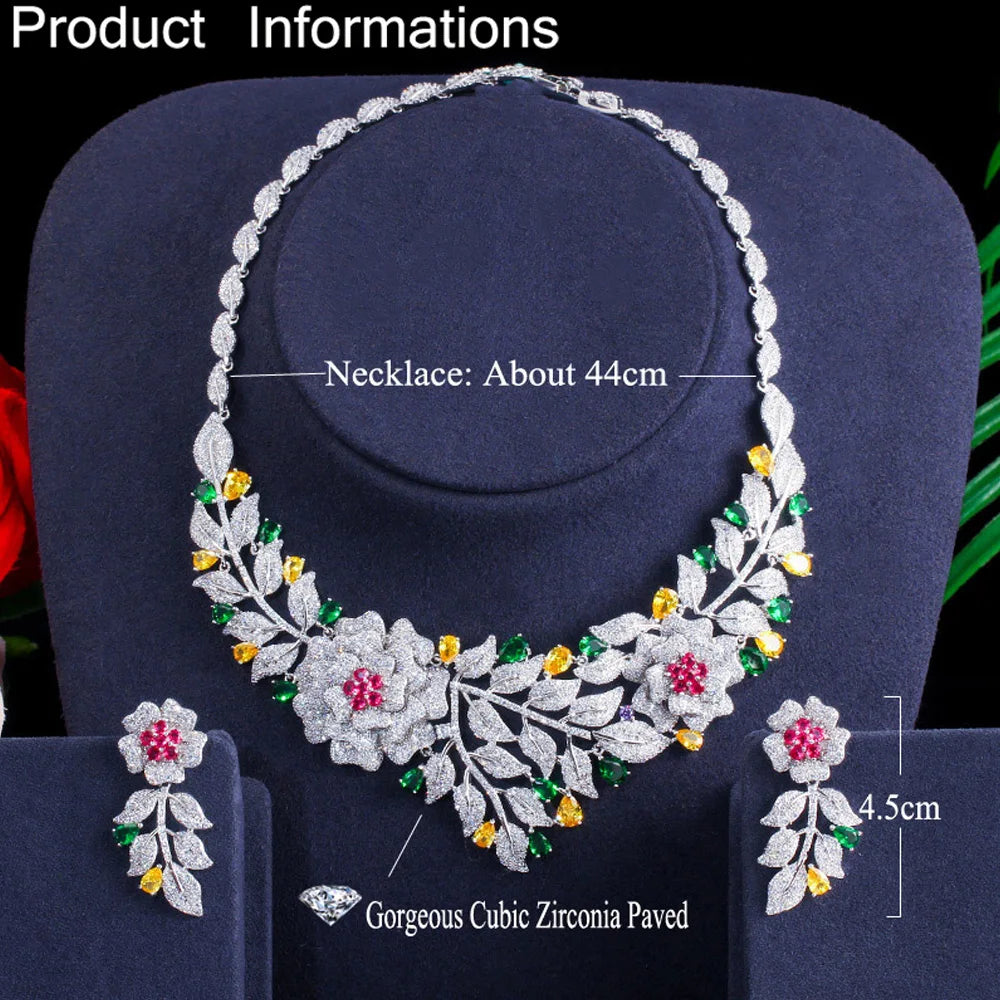 Noble Big Flower Cubic Zirconia Choker Statement Necklace & Earrings Jewelry Set – Bridal, Wedding, Party Accessories