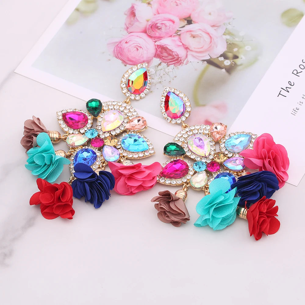 Boho Flower Tassel Earrings – Crystal Rhinestone Statement Jewelry for Women