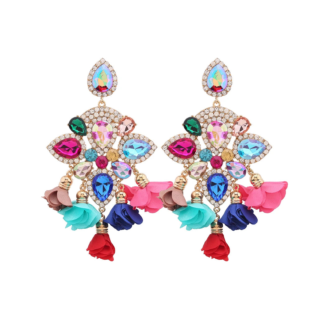 Boho Flower Tassel Earrings – Crystal Rhinestone Statement Jewelry for Women