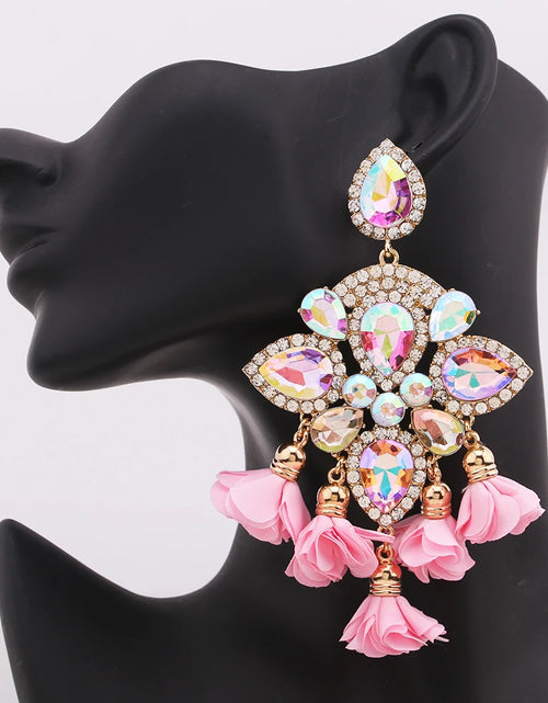 Load image into Gallery viewer, Boho Flower Tassel Earrings – Crystal Rhinestone Statement Jewelry for Women
