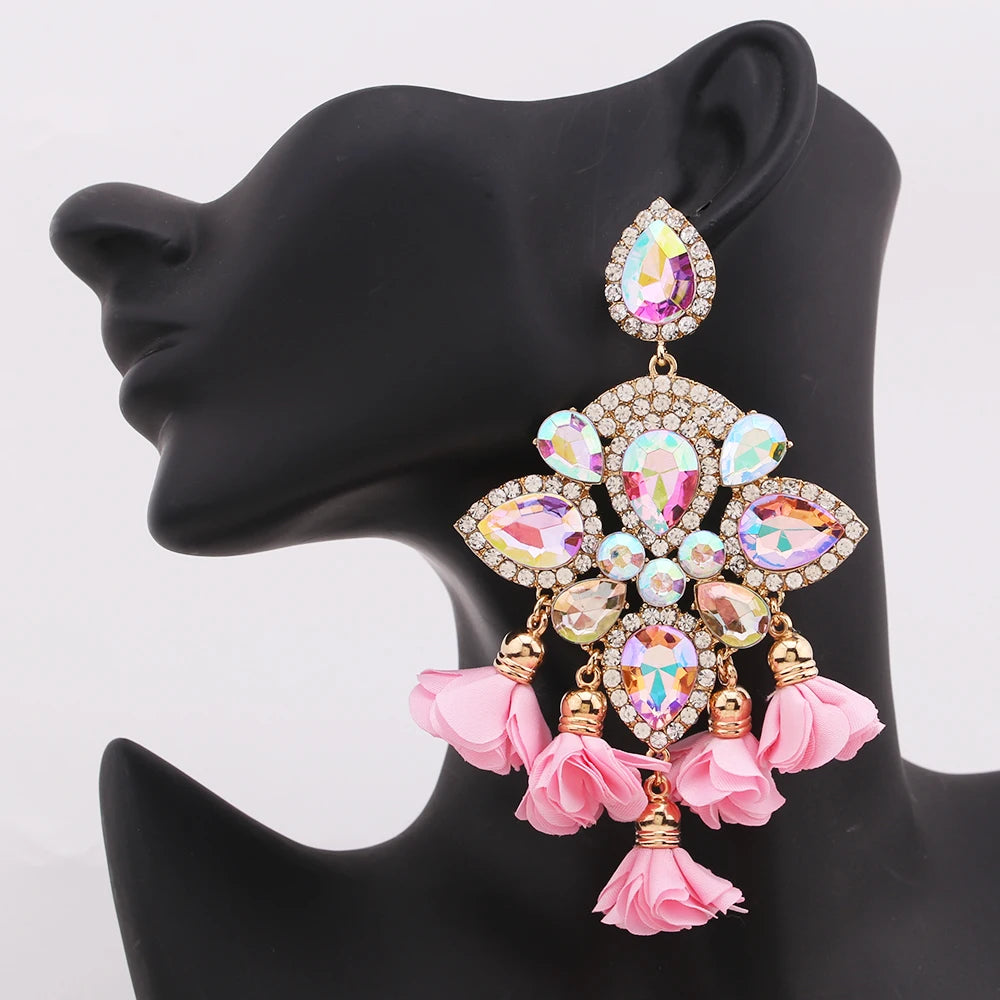 Boho Flower Tassel Earrings – Crystal Rhinestone Statement Jewelry for Women