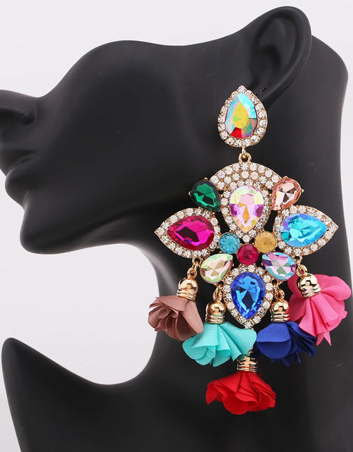 Load image into Gallery viewer, Boho Flower Tassel Earrings – Crystal Rhinestone Statement Jewelry for Women
