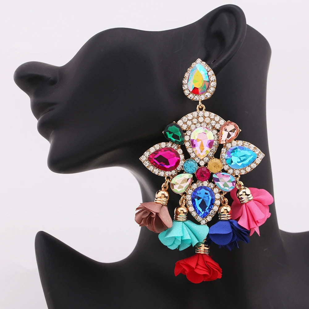 Boho Flower Tassel Earrings – Crystal Rhinestone Statement Jewelry for Women