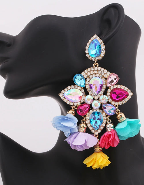 Load image into Gallery viewer, Boho Flower Tassel Earrings – Crystal Rhinestone Statement Jewelry for Women
