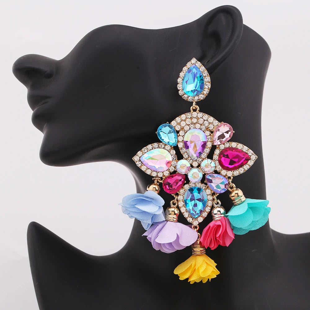 Boho Flower Tassel Earrings – Crystal Rhinestone Statement Jewelry for Women