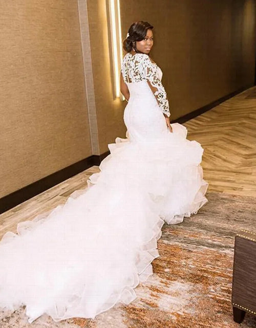 Load image into Gallery viewer, Elegant African Mermaid Wedding Dress – Cheerful Ruffles &amp; Long Train Plus-Size Bridal Gown
