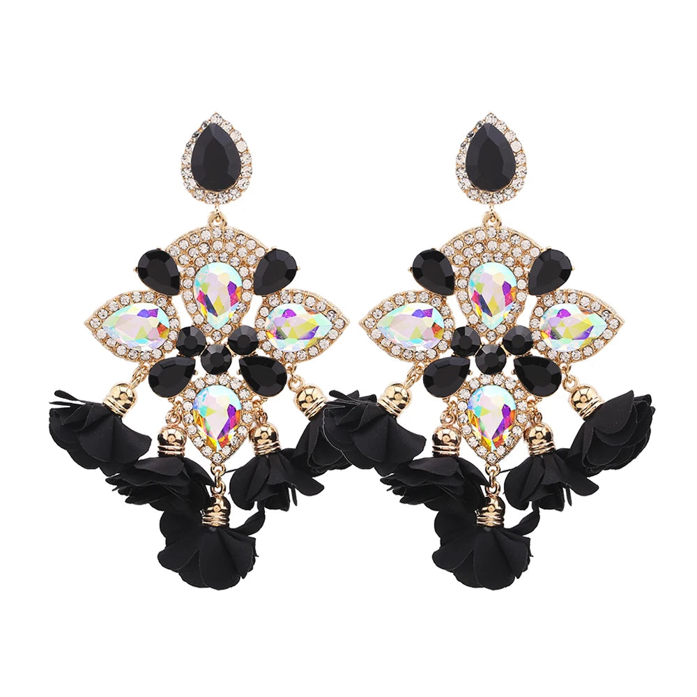 Boho Flower Tassel Earrings – Crystal Rhinestone Statement Jewelry for Women