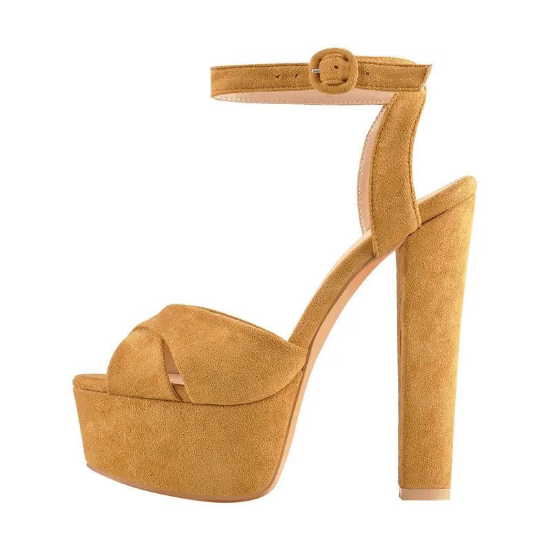 Women’s Crisscross Buckle Platform Sandals – Suede Peep Toe Chunky Block High Heels