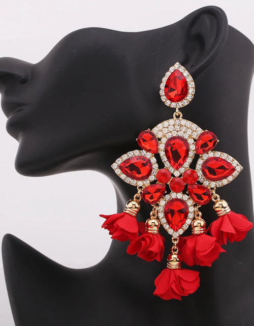 Load image into Gallery viewer, Boho Flower Tassel Earrings – Crystal Rhinestone Statement Jewelry for Women
