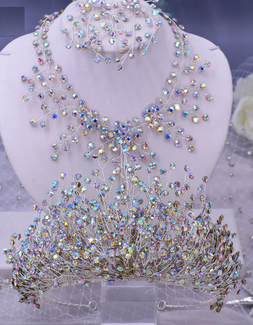 Load image into Gallery viewer, Luxury Wedding Jewelry Set – Bridal Headwear Crown, Necklace, and Earrings with AB Color Crystal Rhinestone, Handmade Unique Bridal Jewelry Sets
