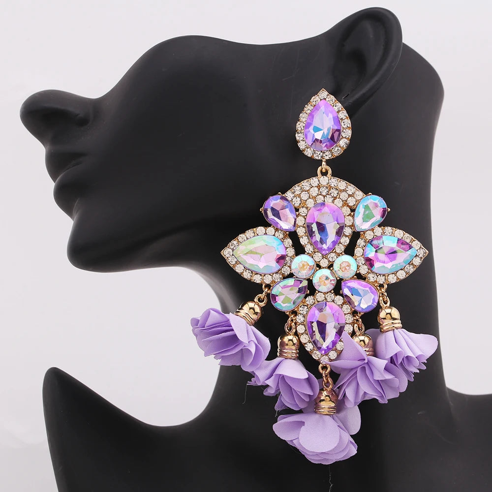 Boho Flower Tassel Earrings – Crystal Rhinestone Statement Jewelry for Women