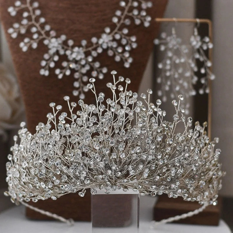 Luxury Wedding Jewelry Set – Bridal Headwear Crown, Necklace, and Earrings with AB Color Crystal Rhinestone, Handmade Unique Bridal Jewelry Sets