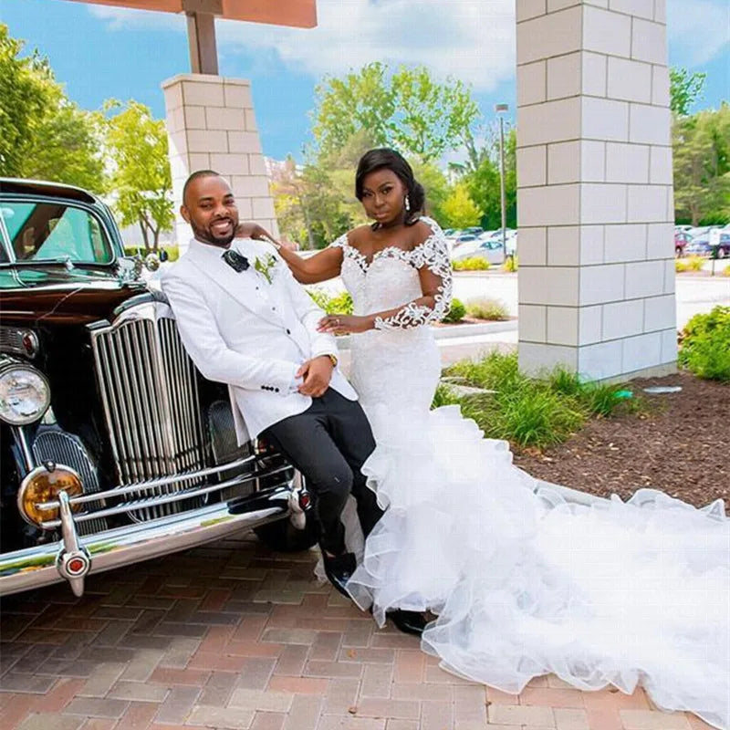 Elegant African Mermaid Wedding Dress – Cheerful Ruffles & Long Train Plus-Size Bridal Gown