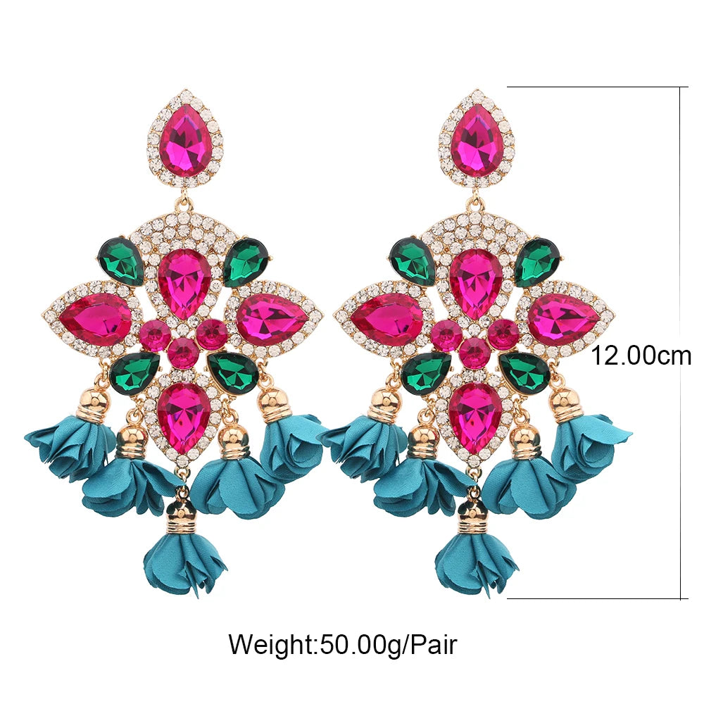 Boho Flower Tassel Earrings – Crystal Rhinestone Statement Jewelry for Women