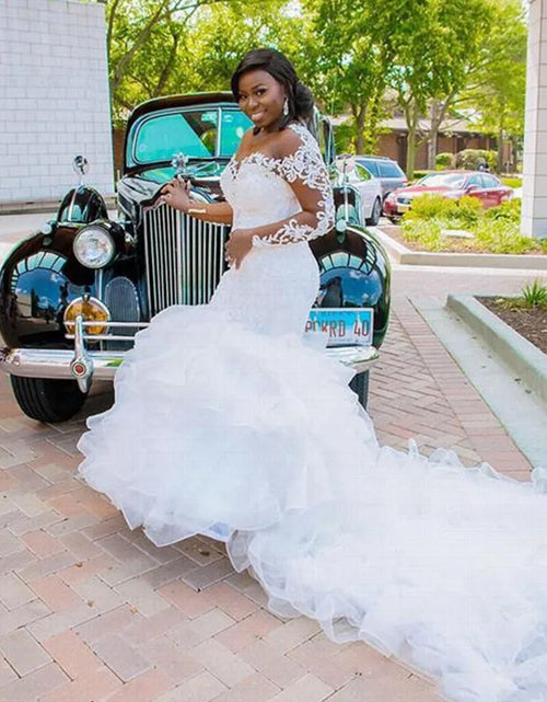 Load image into Gallery viewer, Elegant African Mermaid Wedding Dress – Cheerful Ruffles &amp; Long Train Plus-Size Bridal Gown
