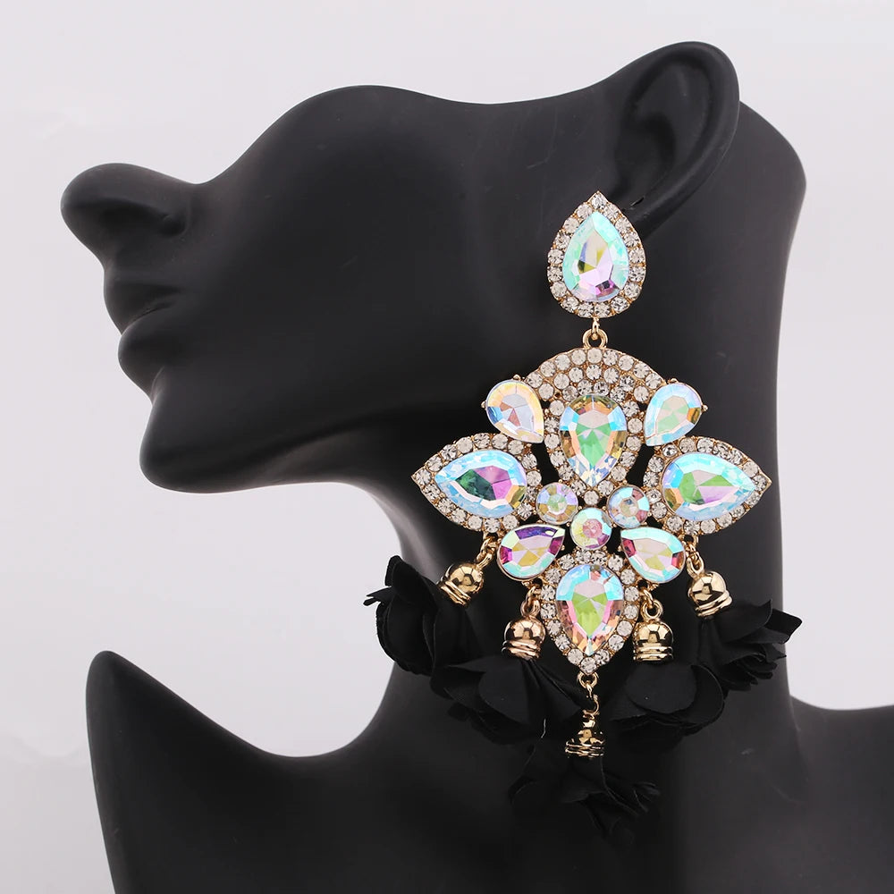 Boho Flower Tassel Earrings – Crystal Rhinestone Statement Jewelry for Women