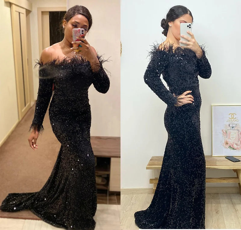 Glamour Redefined: Sequin Off-Shoulder Feather Detail Mermaid Evening Gown