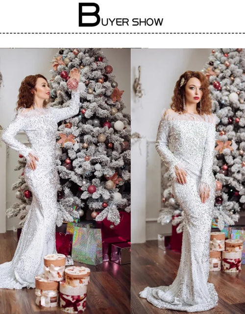 Load image into Gallery viewer, Glamour Redefined: Sequin Off-Shoulder Feather Detail Mermaid Evening Gown
