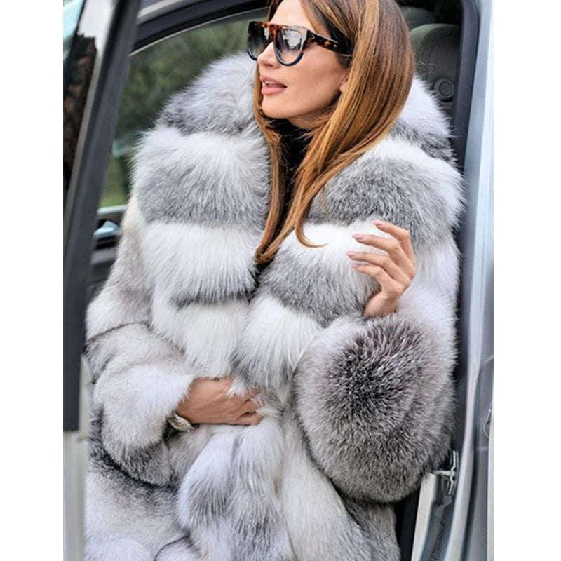 Elegant Women’s X-Long Faux Fur Coat – Hooded Loose Fit Winter Fashion Coat for Large Sizes