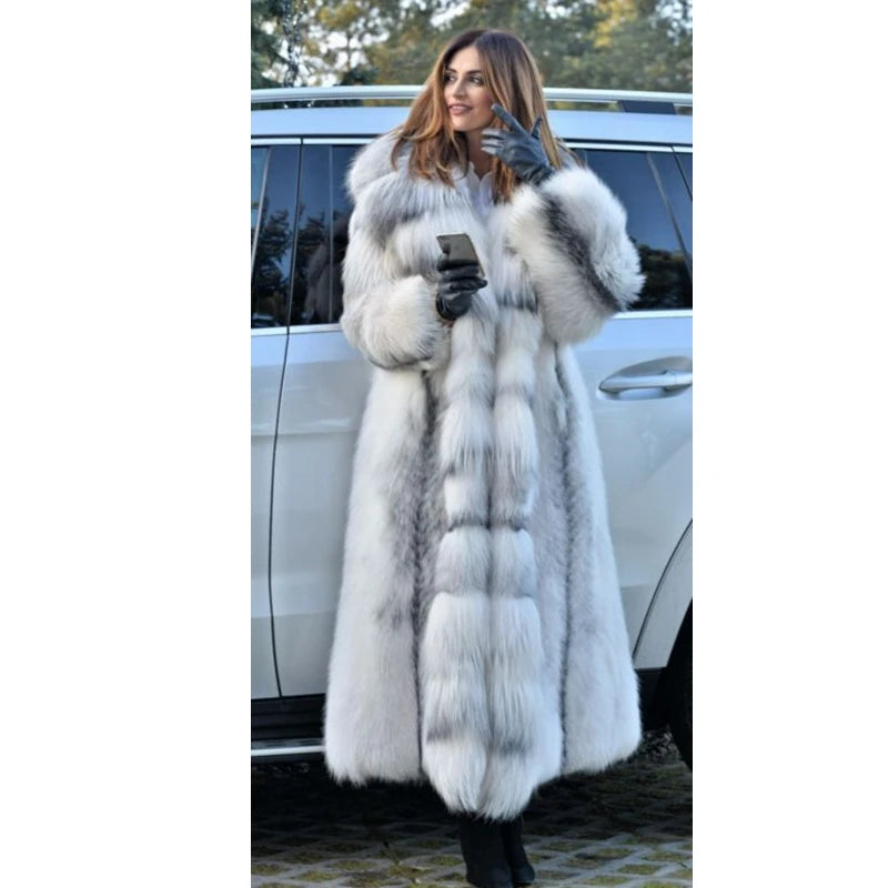 Elegant Women’s X-Long Faux Fur Coat – Hooded Loose Fit Winter Fashion Coat for Large Sizes