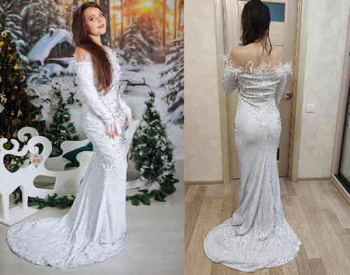 Load image into Gallery viewer, Glamour Redefined: Sequin Off-Shoulder Feather Detail Mermaid Evening Gown
