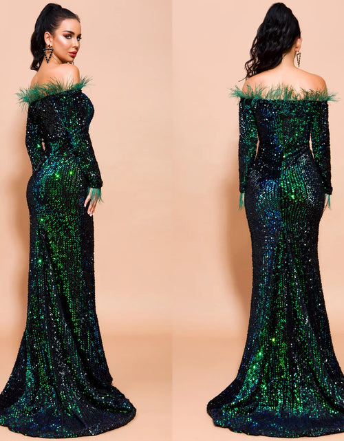 Load image into Gallery viewer, Glamour Redefined: Sequin Off-Shoulder Feather Detail Mermaid Evening Gown
