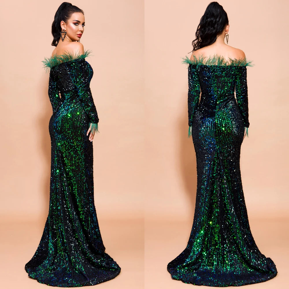 Glamour Redefined: Sequin Off-Shoulder Feather Detail Mermaid Evening Gown