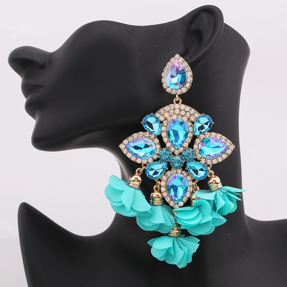 Boho Flower Tassel Earrings – Crystal Rhinestone Statement Jewelry for Women