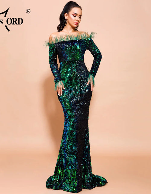 Load image into Gallery viewer, Glamour Redefined: Sequin Off-Shoulder Feather Detail Mermaid Evening Gown
