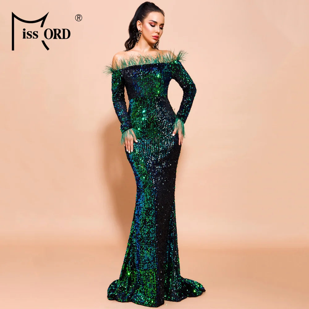 Glamour Redefined: Sequin Off-Shoulder Feather Detail Mermaid Evening Gown