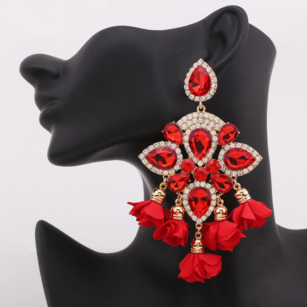 Boho Flower Tassel Earrings – Crystal Rhinestone Statement Jewelry for Women